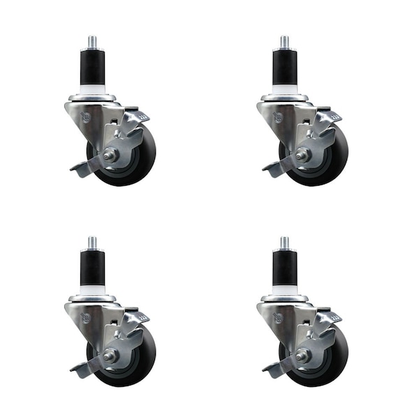3'' Thermoplastic Rubber Swivel 1-1/2'' Expanding Stem Caster Set with Brake, 4PK